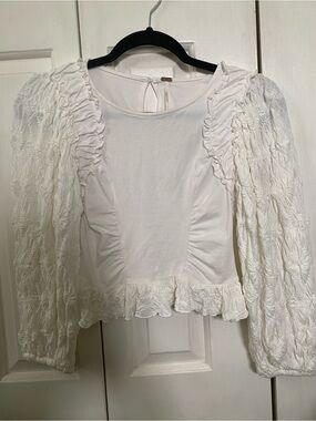 Free People White Ruffled Puff-Sleeve Women's Top